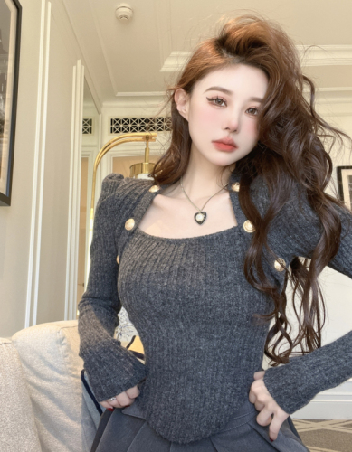 Real shot real price careful machine square collar short slim velvet sweater bubble shoulder clavicle showing thin bottoming shirt for women