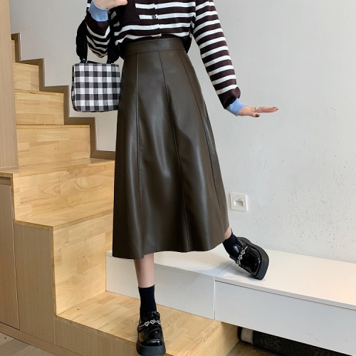 Mid-length PU leather skirt female autumn and winter Korean version  new high waist thin A-line skirt skirt big swing umbrella skirt