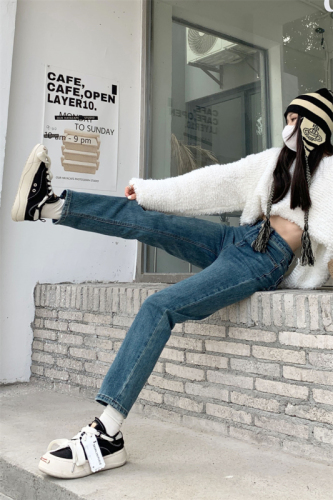 Real shot  spring new straight jeans women's high waist fashion straight loose wide-leg mopping pants