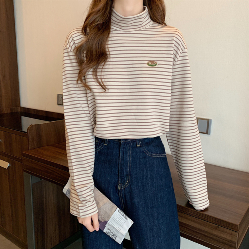 Long-sleeved high-necked striped T-shirt loose and versatile student bottoming shirt