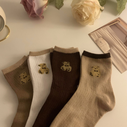 Real shot real price Bear stockings women's ins tide Korean version trend solid color pile socks Japanese middle tube