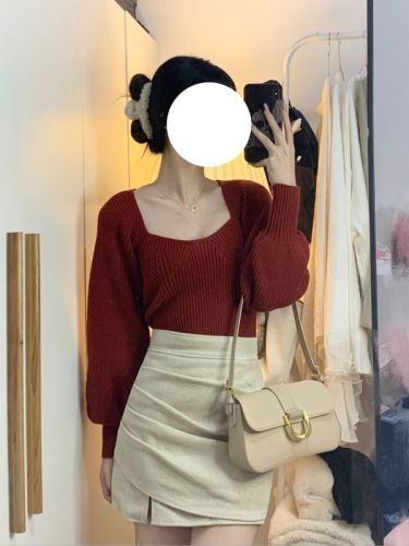 Spice Girl Red Square Neck Puff Sleeve Knit Inner Bottom Shirt Female Spring  New Sweater Short Top