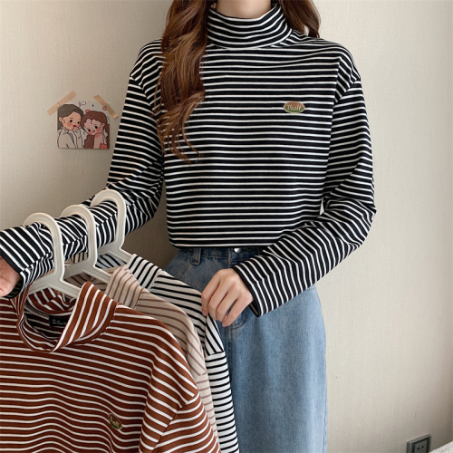 Long-sleeved high-necked striped T-shirt loose and versatile student bottoming shirt