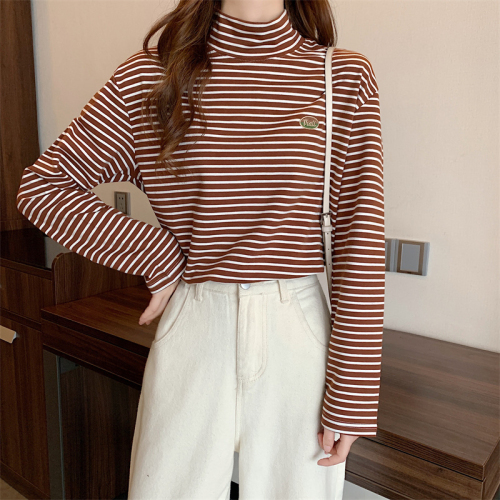 Long-sleeved high-necked striped T-shirt loose and versatile student bottoming shirt