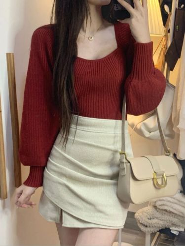 Spice Girl Red Square Neck Puff Sleeve Knit Inner Bottom Shirt Female Spring  New Sweater Short Top