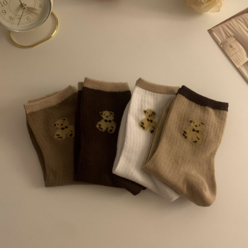 Real shot real price Bear stockings women's ins tide Korean version trend solid color pile socks Japanese middle tube