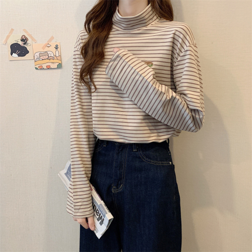 Long-sleeved high-necked striped T-shirt loose and versatile student bottoming shirt