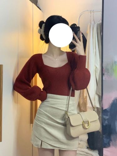 Spice Girl Red Square Neck Puff Sleeve Knit Inner Bottom Shirt Female Spring  New Sweater Short Top