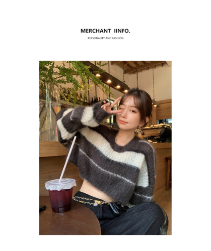 Hole a grain of seahorse hair short color contrast striped sweater women's autumn lazy style pullover round neck loose long-sleeved top