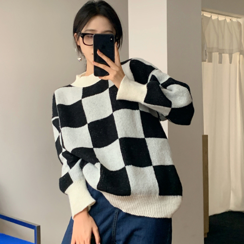 Real shot Korean style ins lazy style chessboard plaid sweater loose Pullover Knitted Top Women