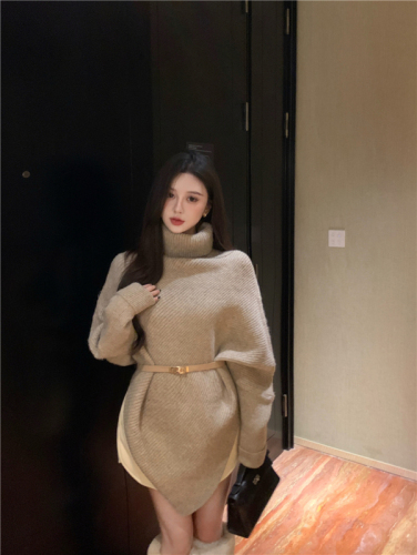 Real shot Irregular turtleneck sweater women's autumn and winter thickened niche high-end mid-length knitted sweater