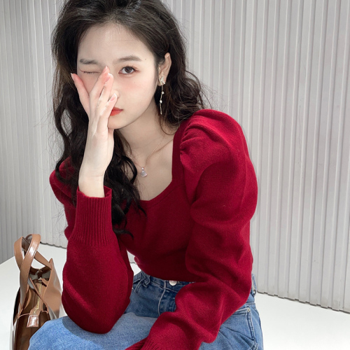 Red Square Neck Sweater Women's Spring and Autumn Design Sense of Niche Knitwear Small People Bottom Shirt Puff Sleeve Top