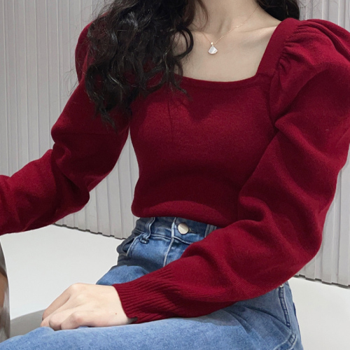 Red Square Neck Sweater Women's Spring and Autumn Design Sense of Niche Knitwear Small People Bottom Shirt Puff Sleeve Top