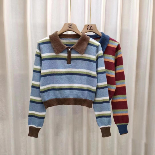 Korean version of the new retro high-end simple zipper stripe contrast color lapel short section long-sleeved knitted sweater