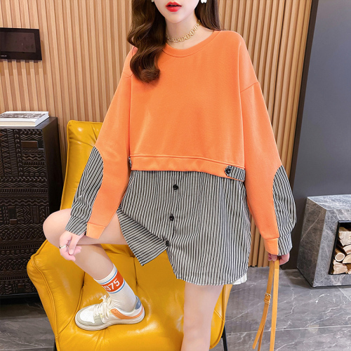 Real shot spring style loose stripe splicing fake two pieces large size women's thin section sweater women