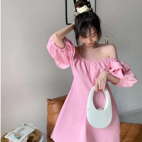 2023 Temperament one-shoulder backless dress women's summer Korean version with puff sleeves with ruffles and thin tube top skirt