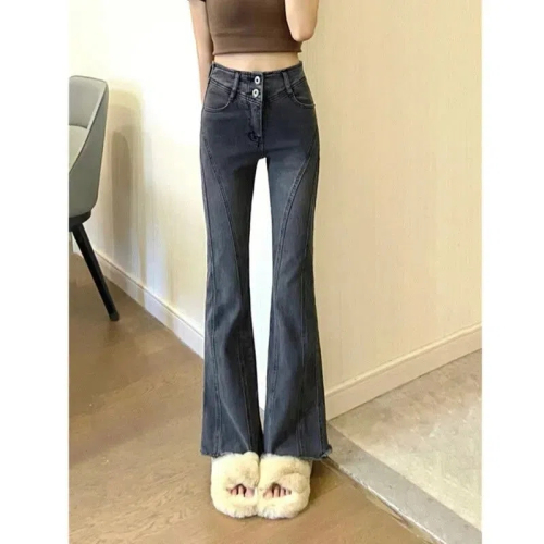 Design Slight Flare Jeans Women's Elastic Retro High Waist Slim Fit Floor Mopping Pants