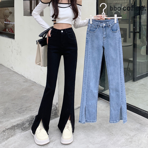 Real price women's slit slightly flared high waist straight stretch jeans