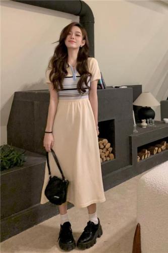 Real price real shot Spring new style~2023 Korean version polo collar striped knitted dress female preppy skirt