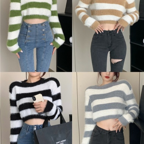 Imitation mink striped short top for women spring loose high-end retro lazy style soft waxy pullover sweater