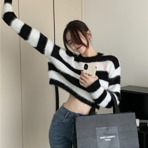 Imitation mink striped short top for women spring loose high-end retro lazy style soft waxy pullover sweater