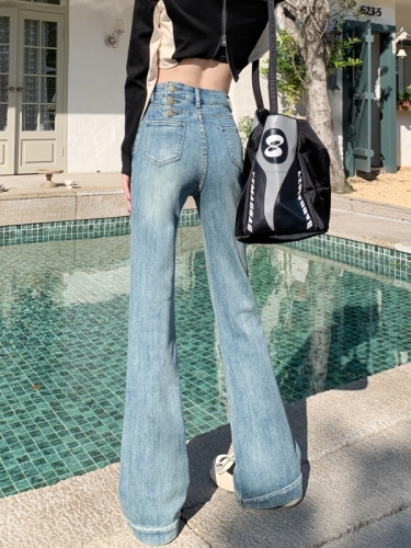Real shot real price#Stretch micro-laden jeans women's design sense back waist button mopping pants