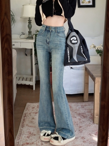 Real shot real price#Stretch micro-laden jeans women's design sense back waist button mopping pants