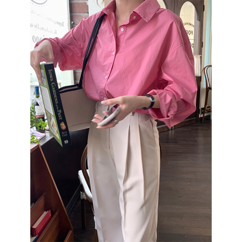 Real shot basic shirt women striped lapel single-breasted button long short all-match casual top 2023 Korean version