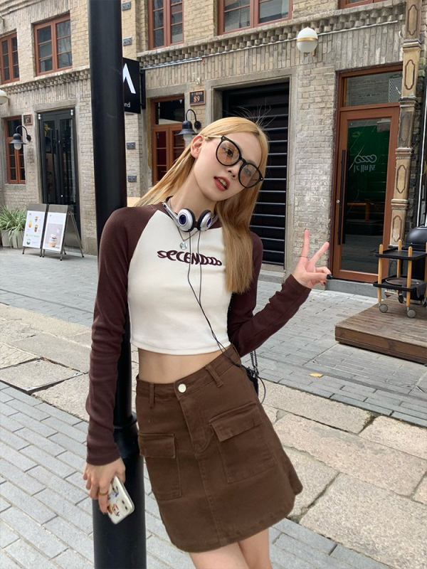 Shiny super flash front shoulder short t-shirt women's long-sleeved autumn slim-fit raglan sleeve bottoming shirt women's inner tight top