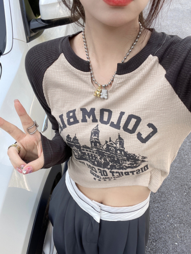 Real shot-long-sleeved t-shirt women's early autumn new inner bottoming shirt design sense niche American retro short top