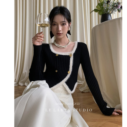 Autumn and winter top temperament small fragrance double-breasted elegant Hepburn short section French knitwear socialite sweater women