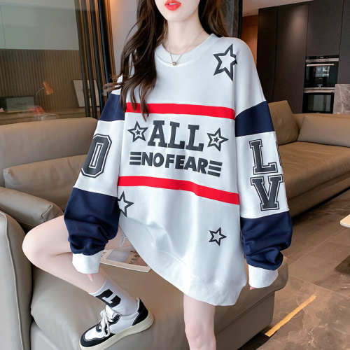 Real shot spring 280g twill 100 polyester fiber Korean style contrast color splicing thin pullover women's sweater