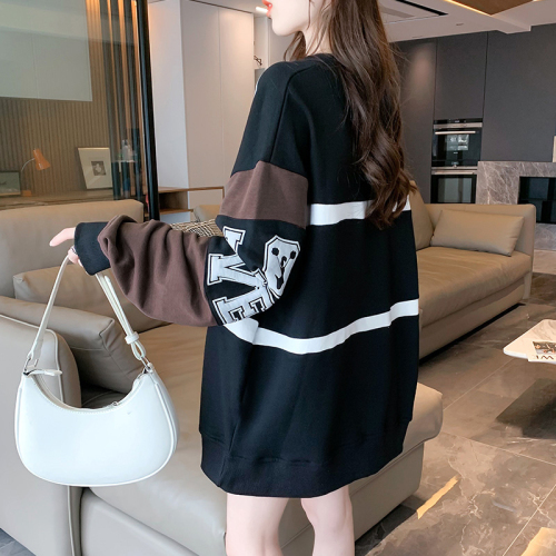 Real shot spring 280g twill 100 polyester fiber Korean style contrast color splicing thin pullover women's sweater