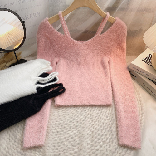 Mink fleece sweater women's spring and autumn thickened short off-the-shoulder knitted sweater with foreign style slim fit and warm bottoming top