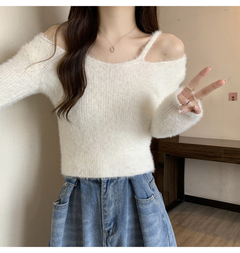 Mink fleece sweater women's spring and autumn thickened short off-the-shoulder knitted sweater with foreign style slim fit and warm bottoming top