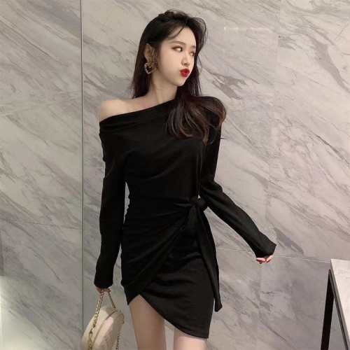  new one-word neckline western style goddess temperament sexy bag hip skirt tie-up self-cultivation thin dress female autumn and winter