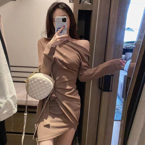  new one-word neckline western style goddess temperament sexy bag hip skirt tie-up self-cultivation thin dress female autumn and winter