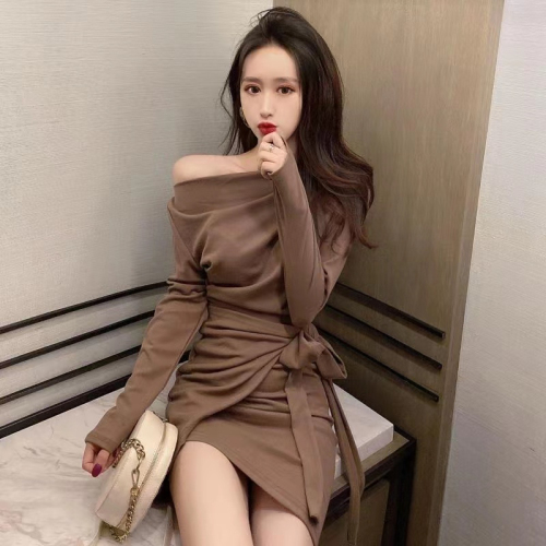  new one-word neckline western style goddess temperament sexy bag hip skirt tie-up self-cultivation thin dress female autumn and winter