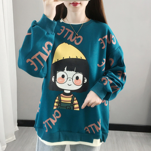 Official picture spring clothes 25 cotton 75 polyester fiber loose cartoon printing fake two pieces thin section sweater women