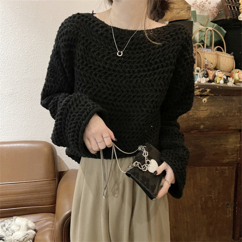 Real price real shot Korean style gentle wind trumpet sleeve hollow design knitted sweater solid color top women