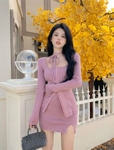 Real shot 2023 spring new square collar ripped edge cardigan top + slit skirt suit