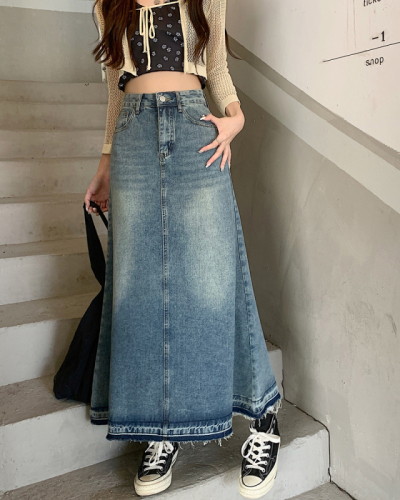 Real price real price 2023 spring new high waist retro raw edge a-line denim skirt looks tall and thin