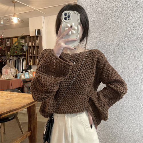 Real price real shot Korean style gentle wind trumpet sleeve hollow design knitted sweater solid color top women