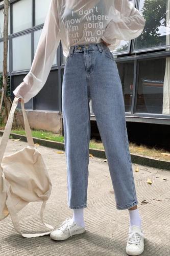 Real shot real price autumn new Korean style personality two buckle basic all-match semi-elastic waist nine-point jeans