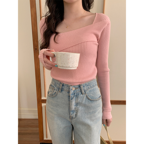 Real shooting square collar cross knit sweater women's early spring inner wear careful machine exposed collarbone slim elastic top