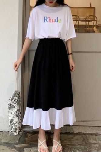 Actual real price~2023 Korean version loose high waist thin pleated skirt women's mid-length A-line skirt splicing skirt