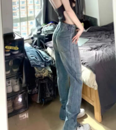 Meibo design sense slit adjustment jeans women's large size fat mm hot girl high street vibe style straight tube flared pants tide