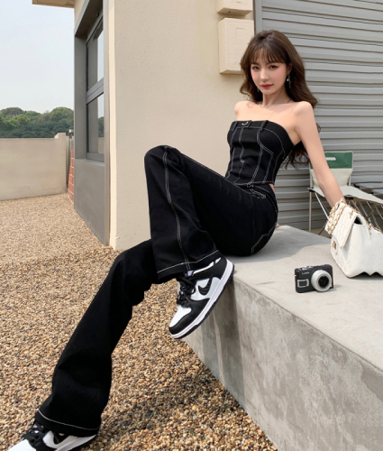 Real shot of  summer new tube top vest sexy slim-fit wrapped chest hot girl micro-laden jeans trousers women's suit