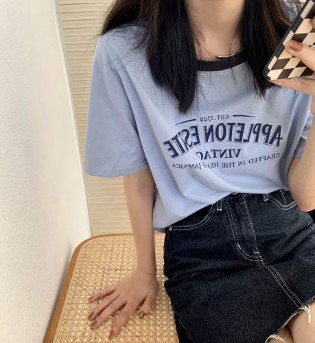 American color contrast round neck short-sleeved T-shirt women's summer letter printing loose short retro top ins