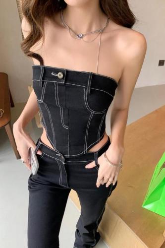 Real shot of  summer new tube top vest sexy slim-fit wrapped chest hot girl micro-laden jeans trousers women's suit